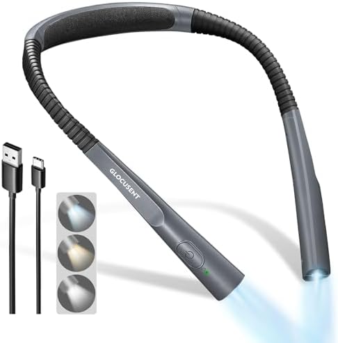 Glocusent Upgraded LED Neck Reading Light, Book Light for Reading in Bed, 30-min Timer, 3 Colors & 3 Brightness Adjustable, Rechargeable & Long Lasting, Perfect for Reading, Knitting