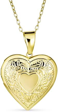 Vintage Style Leaf Etched Heart Photo Locket Necklace 18K Gold Plated