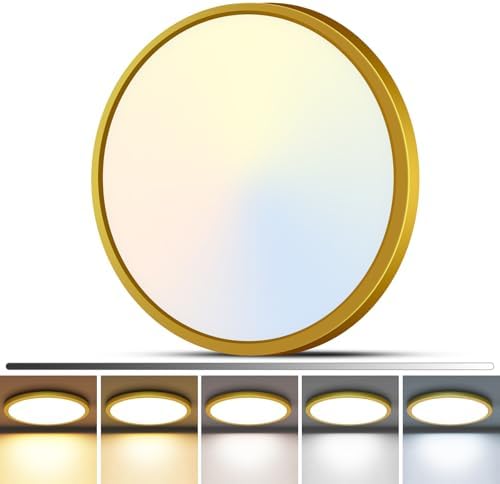 zemty 1Pack LED Flush Mount Ceiling Light, 12Inch 24W Dimmable Ceiling Lights Fixture, 5 Color Temperatures (3000K-6500K) Gold Round Ceiling Lamp for Bedroom, Kitchen, Hallway,Bathroom