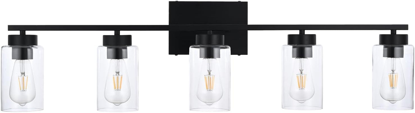 5 Light Bathroom Vanity Light Fixtures, Matte Black Modern Wall Lights with Clear Glass Shade, Vintage Wall Sconce Lighting for Living Room, Mirror, Bedroom, Hallway (Black, 5-Lights)