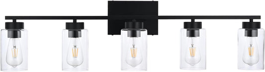 5 Light Bathroom Vanity Light Fixtures, Matte Black Modern Wall Lights with Clear Glass Shade, Vintage Wall Sconce Lighting for Living Room, Mirror, Bedroom, Hallway (Black, 5-Lights)