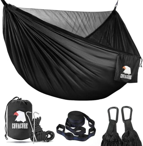 Covacure Camping Hammock - Lightweight Double Hammock, Hold Up to 772lbs, Portable Hammocks for Indoor, Outdoor, Hiking, Camping, Backpacking, Travel, Backyard, Beach (Black)