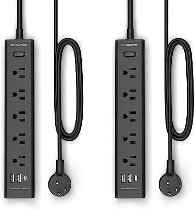 2 Pack Power Strip Surge Protector-5 Widely Spaced Outlets 3 USB Ports(1 USB C Port),1250W/10A with 5Ft Extension Cord, Power Strips with Surge Protection, Wall Mount for Home Office,Black