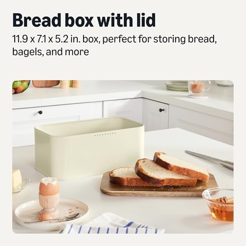 Amazon Basics Carbon Steel Bread Box with Acacia Wood Lid, Lid Doubles as Cutting Board, 11.9 x 7.1 x 5.2 in