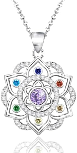 Lotus Necklace 925 Sterling Silver Chakra Flower Pendant Necklace 7 Colorful Rainbow Yoga Lotus Jewelry for Women Wife Mother's Day Birthday Valentines Gifts