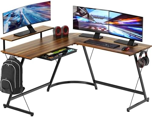 SHW 51 x 51 Inches Vista L-Shaped Desk with Monitor Stand and Drawer, Walnut
