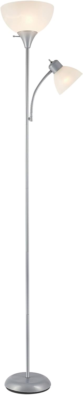 Globe Electric 67134 72" Torchiere Floor Lamp and Adjustable Reading Light, Silver, Frosted Shade, Dual Rotary Switch, 3-Step Dimming, Modern Lighting for Living Room or Office, Timeless
