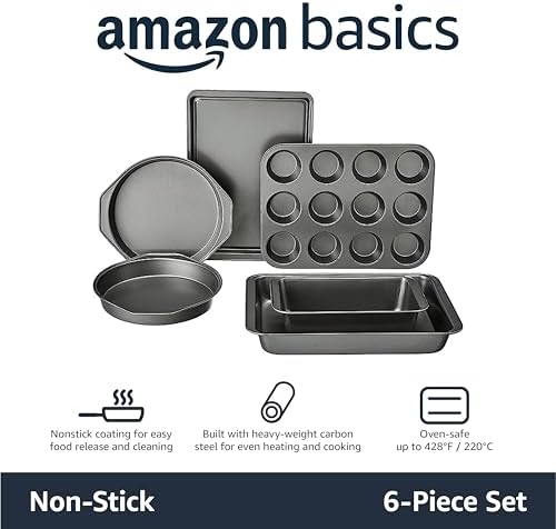 Amazon Basics 6 Piece Nonstick Carbon Steel Bakeware Set with Cake, Muffin, Cookie, and Loaf Pans, Easy Release, Oven Safe, 16.25 x 11.75 x 6.25 inches