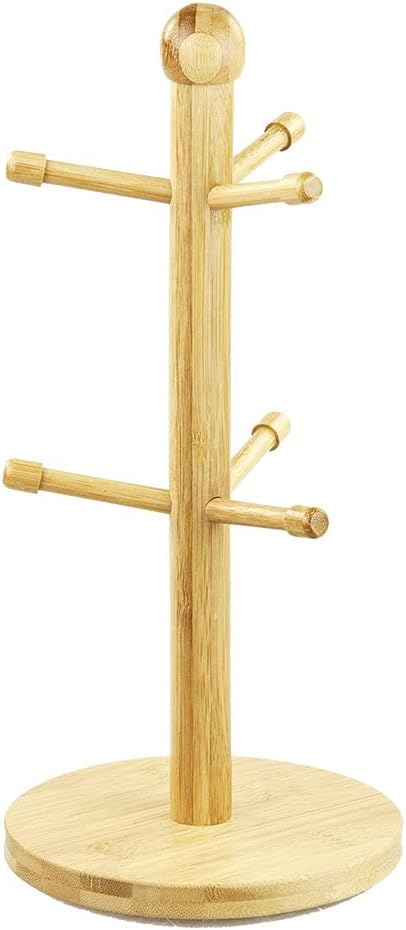 Home Basics Bamboo Mug Tree, Holds Up to 6 Coffee Cups, Free Standing, Circular Base, Kitchen Countertop, Beige (1)