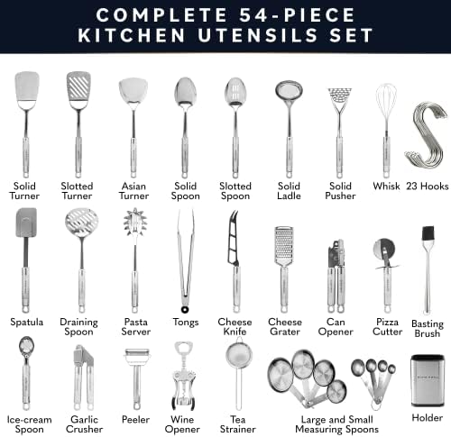 Home Hero 54-Piece Stainless Steel Kitchen Utensils Set - Heat-Resistant Nonstick Silicone & Stainless Steel Cooking Utensils - Complete Tools with Slotted Spoon & Pasta Spoon - Pack of 54, Silver