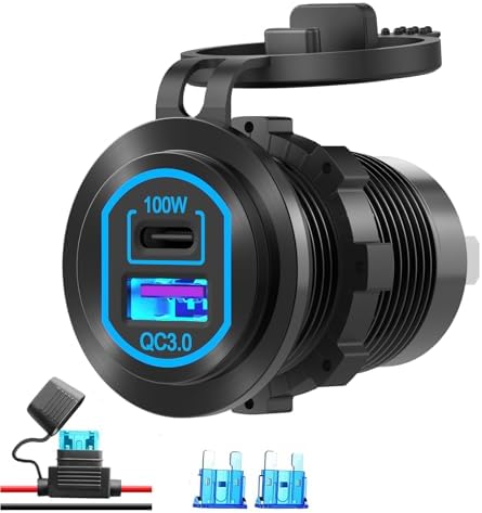 12V USB Outlet PD 100W USB C and QC3.0 18W Port Aluminum Car Charger Socket for Laptops Tablets Phones, Cigarette Lighter Replacement Car Accessories DIY for RV Camper Truck Boat Golf