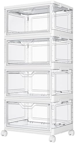 Kmiectse Clear Storage Bins with Lids - 4 Tier Plastic Bins with Wheels, Stackable Storage Bin, Closet Organizers Box for Bedroom, Living Room, 23 QT Folding Box with Magnetic Door