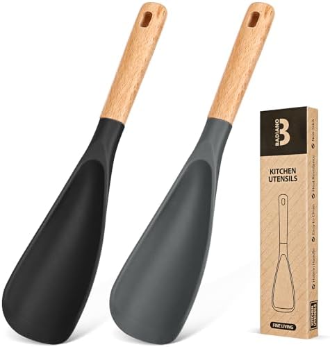 Cooking Spoon for Nonstick Cookwares, Great for Cooking and Serving Sturdy BPA-Free Matte Silicone, Wood Handle Spoon for Mixing, Scoop, and Scrape (Black & Grey, 11.4 inch)