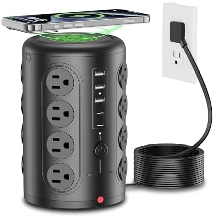 Power Strip Tower, TenTrend 16 Outlets and 5 USB Ports (2 USB-C), 2000 Joules Charging Station, 6FT Flat Plug Extension Cord for Home Office Dorm Room Essentials, Black