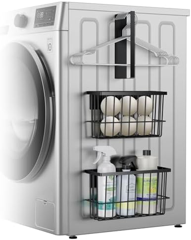 Laundry Room Organization and Storage Magnetic Dryer Ball Holder with Magnetic Hanger Holder, Magnetic Lint Bin for Washer Dryer, Iron Basket Dryer Ball Container, Magnetic Laundry Organizer (Black)