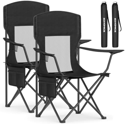 SONGMICS 2 Pack Breathable Camping Chairs, 330 lb Capacity Foldable Outdoor Chairs, High Back, Adjustable Armrests & Cup Holder, for Sports Garden Backyard, Ink Black UGCB028B02