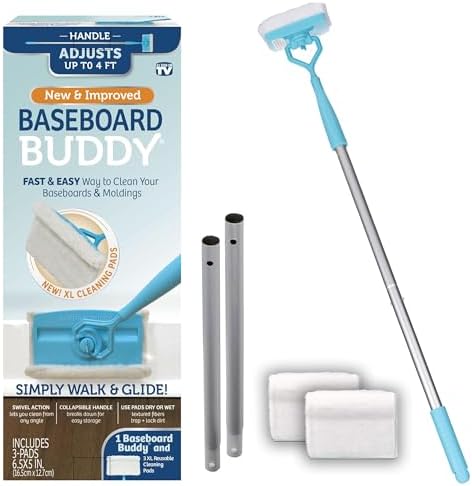 Baseboard Buddy | Lightweight Home Cleaning Essential, Perfect for Baseboards, Moldings & Walls, Glide & Wipe Trapping & Locking Dirt & Dust | As Seen on TV, (1 Baseboard Buddy & 3 Reusable Pads)