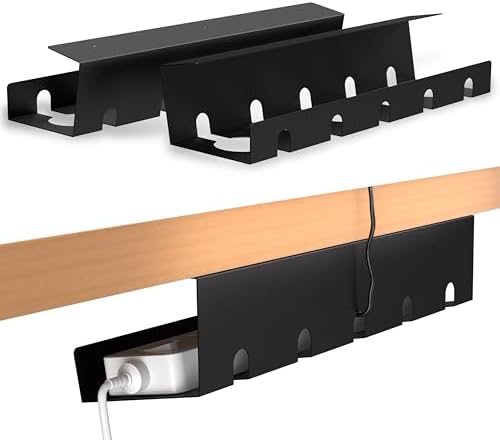 2 Pack 17" Under Desk Cable Management Tray, Metal Wire Management Standing Desk Cord Organizer Power Strip Holder with Cable Ties and Clips for Home Office, Black