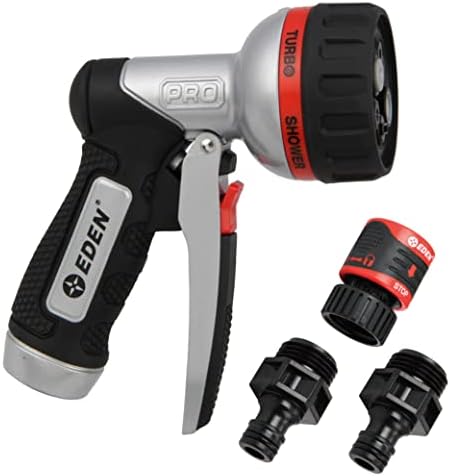 Eden PRO 94833 Metal Front Trigger 6-Pattern Turbo Nozzle | Heavy-Duty Hose Sprayer for Garden, Lawn, Plants, Outdoor Cleaning, Durable Aluminum Core, Quick Connect Set Bundle