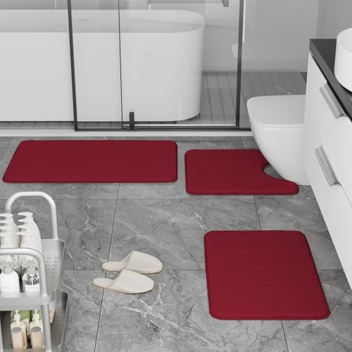 RUN HELIX Burgundy Bathroom Rugs Sets 3 Piece Memory Foam Non Slip Bath Mats for Bathroom Floor and U-Shaped Contour Toilet Rug, Soft Washable Bathroom Mats and Rugs Sets for Toilet Shower Sink