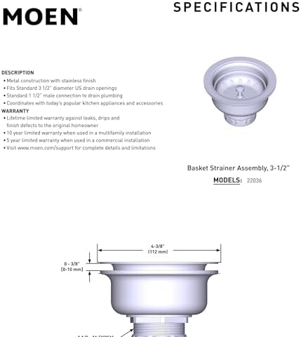 Moen Kitchen Sink Strainer Basket with Drain Assembly, Stainless Steel, 22036