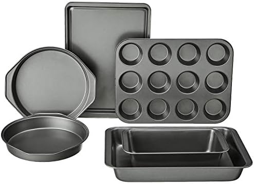 Amazon Basics 6 Piece Nonstick Carbon Steel Bakeware Set with Cake, Muffin, Cookie, and Loaf Pans, Easy Release, Oven Safe, 16.25 x 11.75 x 6.25 inches