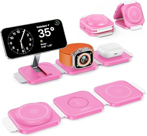 Travel Essentials for Apple Watch Charger,3 in 1 Charging Station for Apple Devices,Foldable Wireless Charging Station for iPhone 17/16/15/14/13/12, Apple Watch & AirPods with Magsafe Charger Stand
