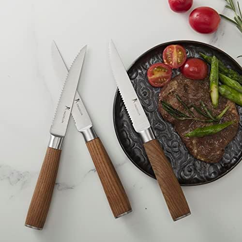 kangdelun Ultra Sharp 8-Piece Steak Knife Set, 4.5" Serrated Blades, 50Cr15MoV High-Carbon Stainless Steel, Torrefied Brown Ash Wood Handles, Magnetic Gift Box