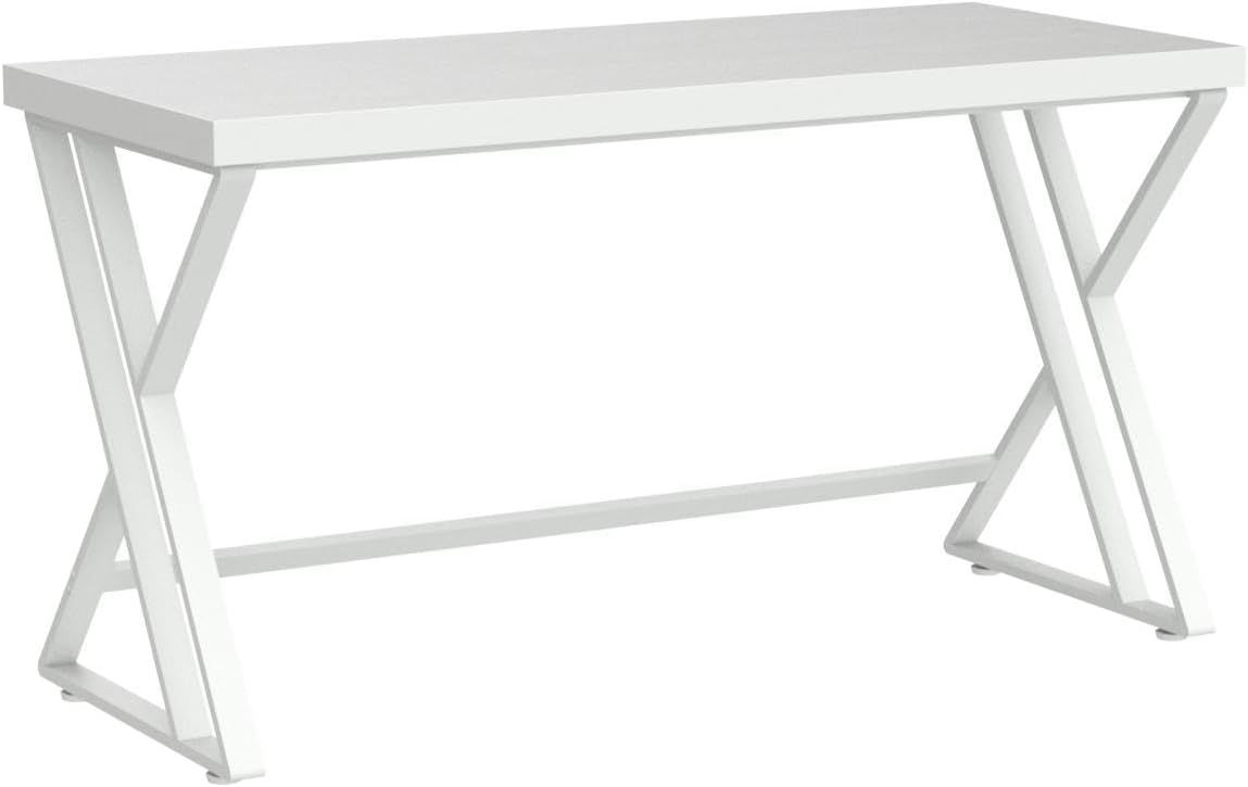 LVB White Computer Desk, Modern Wood Home Office Desk for PC Writing Work, Metal Wooden Executive Workstation Student Simple Desk, Computer Study Gaming Bedroom Table, 55 Inch, White Oak