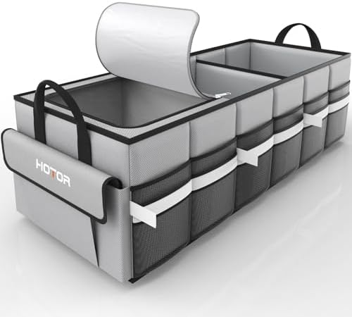 HOTOR Trunk Organizer - Car Organizer with Built-In Leakproof Car Cooler, Collapsible Trunk Organizer with Cooler for Car, SUV, Sedan, with Base Panel (3 Compartments, Grey),31.9"×12.6"×10.6"