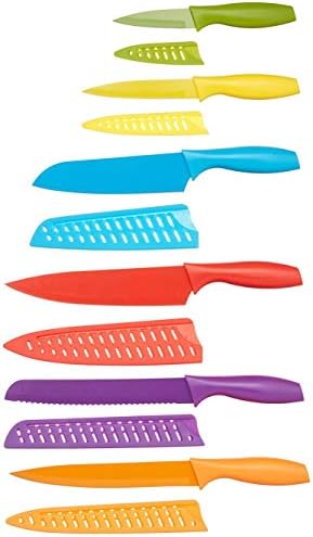 Amazon Basics Color-Coded Dishwasher Safe Kitchen Knife Set, 12-Piece with Ergonomic Handles, Non-stick Sharp Blades, 6 Knives with 6 Blade Guards, Multicolor, 13.88 x 4.13 x 1.38 inch