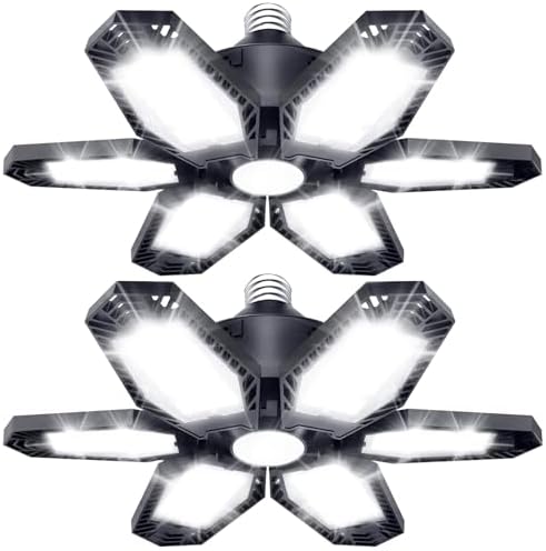 TANBABY 2 Pack LED Garage Lights, 150W Deformable Garage Light Bulb, Total 30000LM 6500K Daylight, 6+1 Adjustable Panels, E26/E27 Screw-in Ceiling Light for Basement, Gift for Men