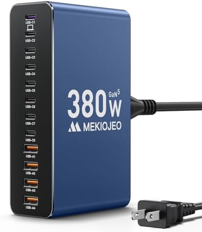 MEKIOJEO 12 Ports Aluminum Alloy 380W Charging Station Fast USB C Charger Block 65W Laptop GaN Charger for MacBook Pro/Air/iPad Pro/iPhone (Blue)