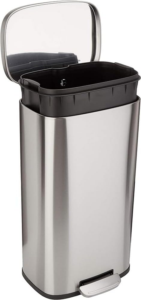 Amazon Basics MINI Trash Can, 1.32 Gallon (5L) Smudge Resistant Rectangular Bin with Soft-Close Lid, Step Foot Pedal, Removable Inner Bucket, Brushed Stainless Steel, for Bathroom, Satin Nickel Finish