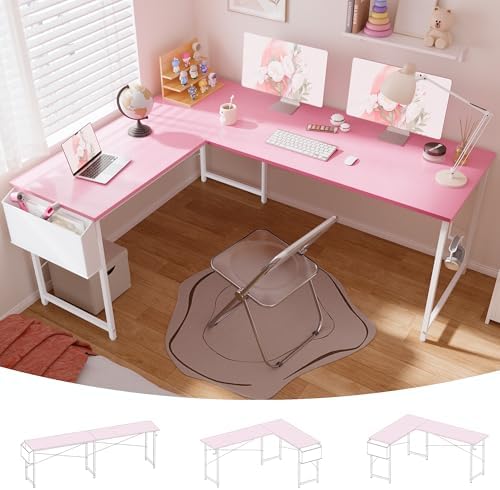 Pamray 64.5 Inch Reversible L Shaped Gaming Desk Large Corner Computer Desk with Storage Bag Home Office Table for Writing Study Pink