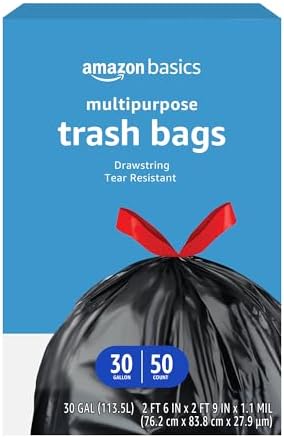 Amazon Basics Multipurpose Drawstring Trash Bags, 30 Gallon Capacity, Tear Resistant, 50 Count (Previously Solimo)