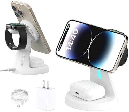 Wireless Charger,3 in 1 Charging Station,15W Phone Charger Stand | Compatible with Mag-Safe Charger for iPhone 17/16/15/14/13/12 Series, Apple Watch, AirPods (Adapter Included)