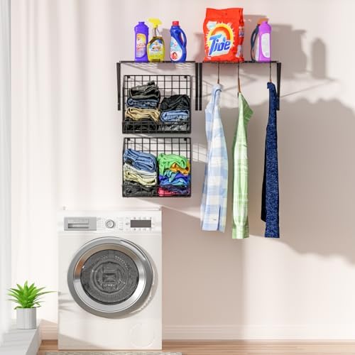2 Pack Laundry Room Shelves with Wire Baskets, Over the Washer and Dryer Shelf, Wall Mounted Storage and Clothes Drying Rack, Wire Shelves Baskets for Laundry Closet Organization and Storage-Black