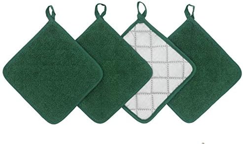 Cotton Pot Holders Cotton Made Machine Washable Heat Resistant Everyday Kitchen Basic Terry Pot Holder, Hot Pads, Trivet for Cooking and Baking Set of 4 (Dark Green)