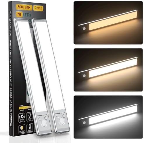 Under Cabinet Lights,76 LED Operated Motion Sensor Light Indoor,1500mAh USB Rechargeable Closet Lights, 2 Pack Magnetic Dimmable Closet Lights，Wireless Under Counter Lights for Kitchen, Stairs