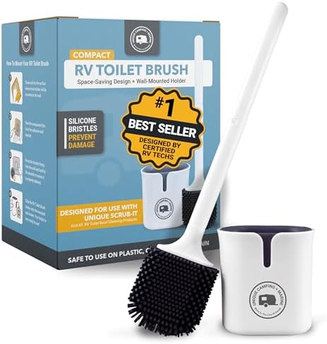 Unique Silicone RV Toilet Brush, Compact, Won't Damage Toilets or Seals, Wall-Mount No-Drip Holder