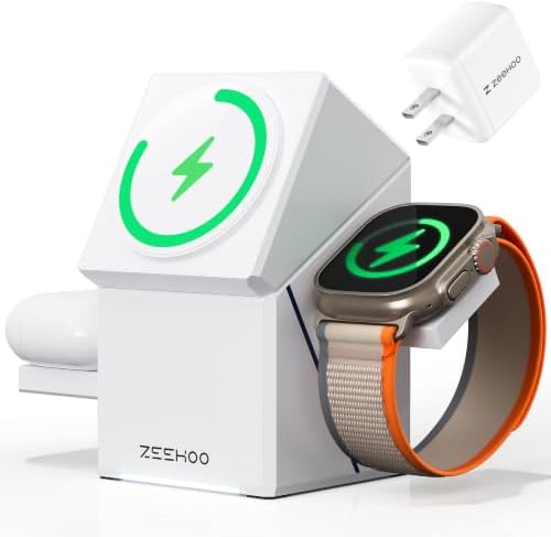 ZEEHOO 3 in 1 Charging Station, iPhone Charging Station for Apple MagSafe Charger, 15W Fast Wireless Charger, for Apple Watch, for iPhone 17,16 15,14,13,12 Series, AirPods (Black)