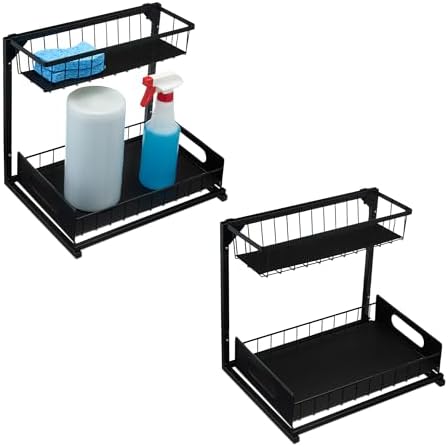 Amazon Basics L-Shape Under Sink Storage Pull Out Cabinet Organizer, Space-Saving Design, Durable and Rust-Resistant, Black, Pack of 2
