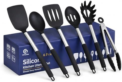 Silicone Cooking Utensils Set 6 PCS, Heat Resistant Non Stick Spatula Spoon Turner Kitchen Tools – BPA Free Non-Toxic Utensils for Nonstick Pots Pans, Baking Mixing Serving Accessories, Black
