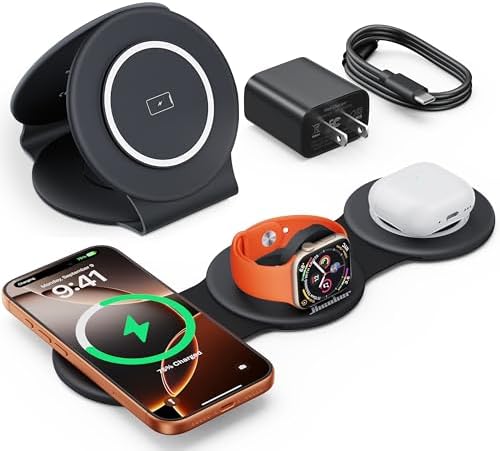 HICOBER 3 in 1 Charging Station for Multiple Apple Devices, Compatible with iPhone 17/16/15/14/13, Apple Watch & AirPods, Foldable Fast Wireless Charger & Travel Charger for Home/Office/Trips