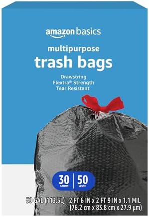 Amazon Basics Flextra Multipurpose Drawstring Trash Bags, 30 Gallon, 50 Count, Tear Resistant