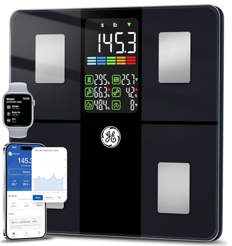 GE Scale for Body Weight, Body Fat, BMI, Muscle Mass, Smart Bathroom Scales with 14 Body Composition Metrics with Large Display, Accurate Bluetooth Weighing Machine with Fitness App, 400 lbs, Black