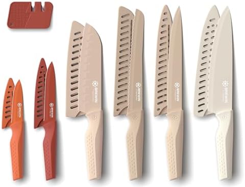 Brewin Knife set, 13 Pieces Kitchen Knives Set with Sharpener, Anti-Rust Coating and Blade Guard, Home Essentials, Camping Essentials - Muliticolor