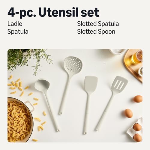 Amazon Basics Silicone Cooking Spoon and Ladle Set, 4-Piece Set, Soft Grip Handle, BPA-Free, Dishwasher-Safe, Linen Gray