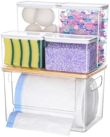 iCASA Trash Bag Holder Laundry Pods Container - 5 in 1 Garbage Bag Dispenser for 13/30/33 Gallon Bags, Clear Stackable Kitchen Under Sink Organizer Dishwasher Pod Storage Home Organization Must Haves